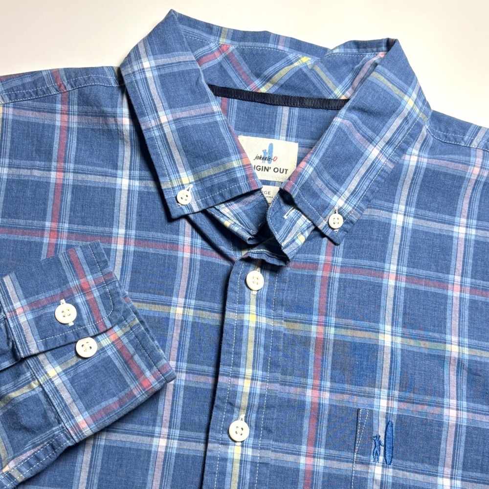Johnnie O Hangin Out Benjamin Men's Large Blue Plaid Untucked Button Down Shirt‎